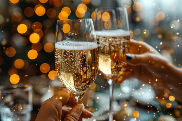 Two women holding champagne glasses with words new york city left